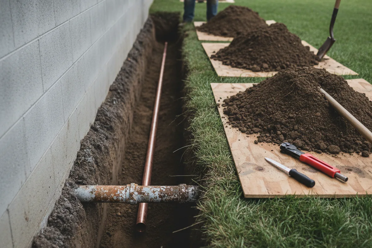 Excavated water line trench during Water Softener Installation in Swanton